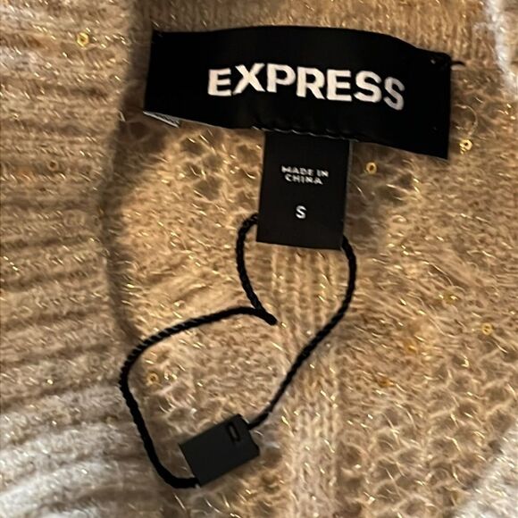 NWOT Express Metallic Sweater Puff Sleeve Gold threading Open Stitch Size Small - Picture 12 of 16